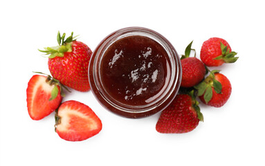 Sweet jam in jar and strawberries isolated on white, top view
