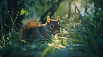 Obraz premium Red Squirrel in Sunset Meadow.