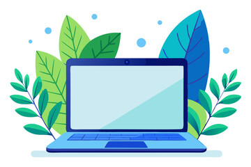 
A sleek blue laptop is prominently displayed amidst lush green and blue foliage, suggesting a focus on nature, eco-friendliness, or a peaceful work environment.