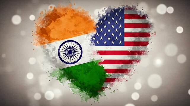 India USA flag combined in heart symbol with paint splash texture