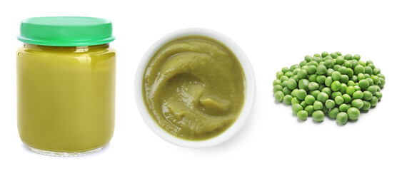 Baby food. Pea puree and fresh ingredient on white background, collage