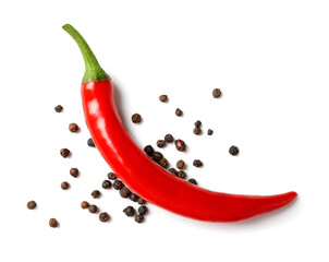 Fototapeta premium Fresh hot chili peppers and peppercorns on white background