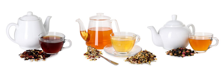 Herbal tea in glass cups and teapots isolated on white, collage
