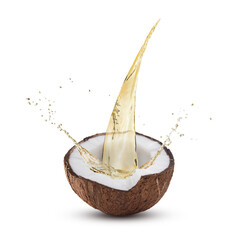 Coconut oil splashing out of nut on white background