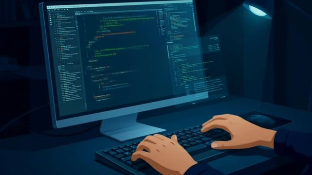 Hands typing programming code on desktop monitor in dark tech workspace. Seamless looping 4k time-lapse animation video background