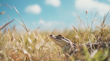 Naklejka premium Young Crocodile in Grassland.