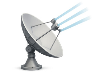 Large satellite dish transmitting data with three blue beams, isolated on transparent background, ideal for telecommunication and space exploration concepts