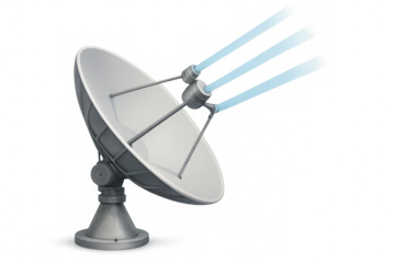 Large satellite dish transmitting data with three blue beams, isolated on transparent background, ideal for telecommunication and space exploration concepts