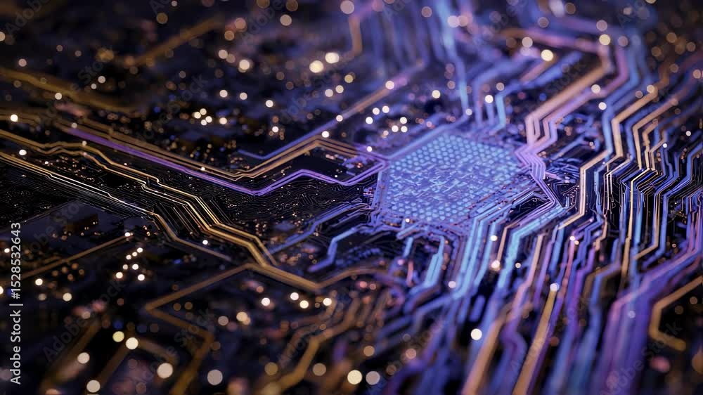 Poster complex electronic circuit board with glowing microchip processing data, symbolizing innovation in q
