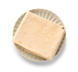 Plate with fresh thin lavash on white background