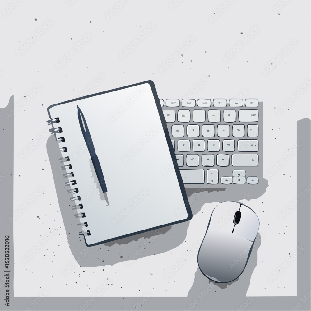 Poster a wireless mouse and keyboard beside a notebook, arranged neatly on a concrete-textured surface.
