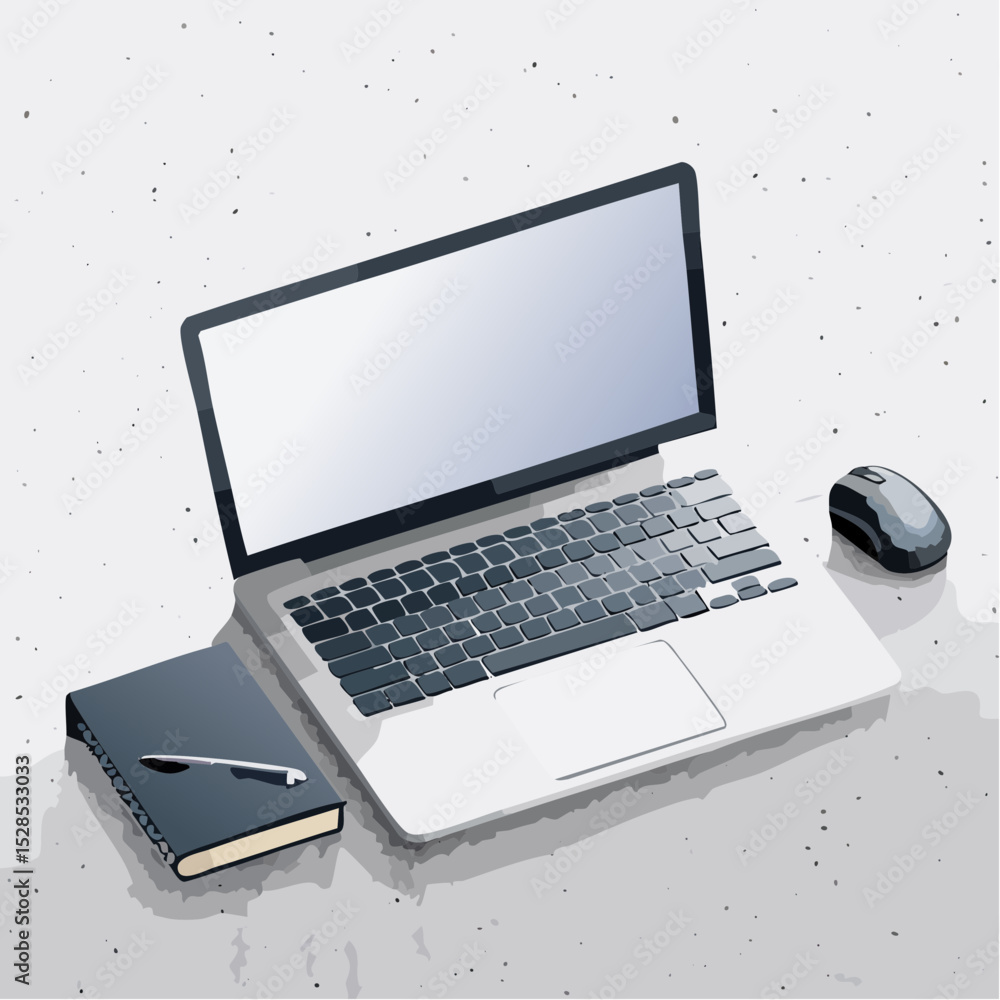 Poster a wireless mouse and keyboard beside a notebook, arranged neatly on a concrete-textured surface.