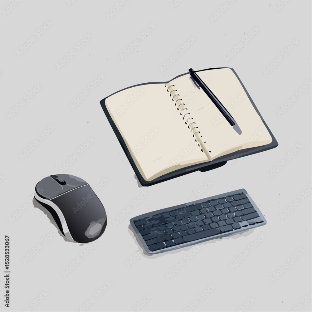 Poster a wireless mouse and keyboard beside a notebook, arranged neatly on a concrete-textured surface.