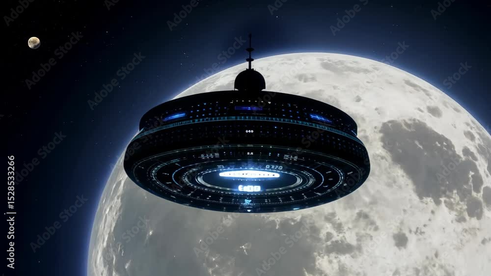 Poster futuristic spaceship hovering above a bright full moon in space