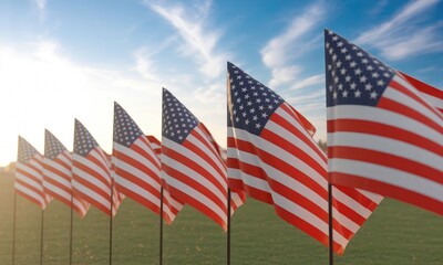American flags waving in field under sunny sky