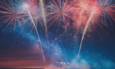 Colorful fireworks display in night sky festive background