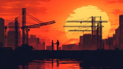 Silhouetted businessmen shaking hands at sunset, construction cranes and city skyline in background.