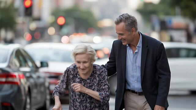 Man helping elderly woman cross the street