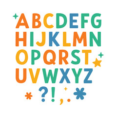 Colorful uppercase English alphabet letters and punctuation marks with decorative stars and shapes. Flat cartoon vector style on white background. Educational material and learning tool concept
