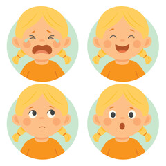 Girl with different facial expressions: crying, laughing, sad, and surprised. Flat cartoon illustration in round pastel frames. Emotional reaction and mood concept for kindergarten education