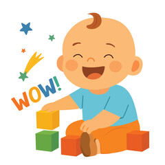 Smiling baby playing with colorful toy blocks and sitting near “WOW” text with stars. Flat cartoon illustration on white background. Early childhood development and play activity concept