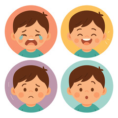 Boy with different facial expressions: crying, laughing, sad, and surprised. Flat cartoon illustration in round colorful frames. Emotional reaction and mood concept for kindergarten education