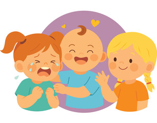 Group of children showing empathy and support to a crying girl. Flat cartoon illustration with emotional interaction in front of purple background. Social skills and emotional education concept
