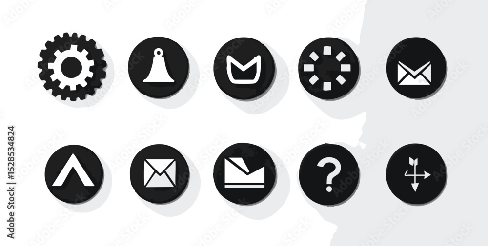Poster ten unique white icons arranged in two rows on black circular backgrounds with drop shadows