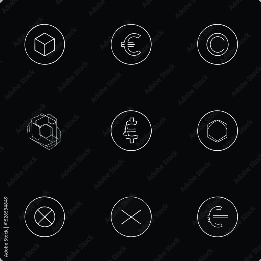 Poster white icons in circles a cube euro c complex structure dollar hexagon circlex x euro on black backgr