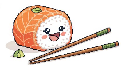 Happy Sushi Roll Pixel Art with Chopsticks on White Background