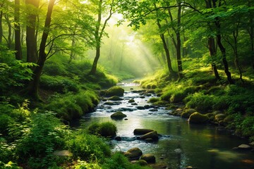 Obraz premium Sunlit Stream in Lush Green Forest