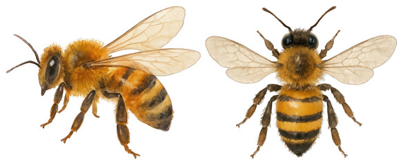 PNG Detailed honeybee illustration pair, element set on transparent background