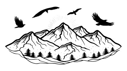 “Make a dramatic silhouette scene of a mountain range at sunset with various eagle silhouettes flying overhead.”





