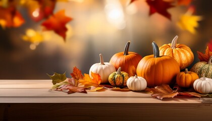 various pumpkins on autumn table surrounded by fall leaves festive and warm fall scene