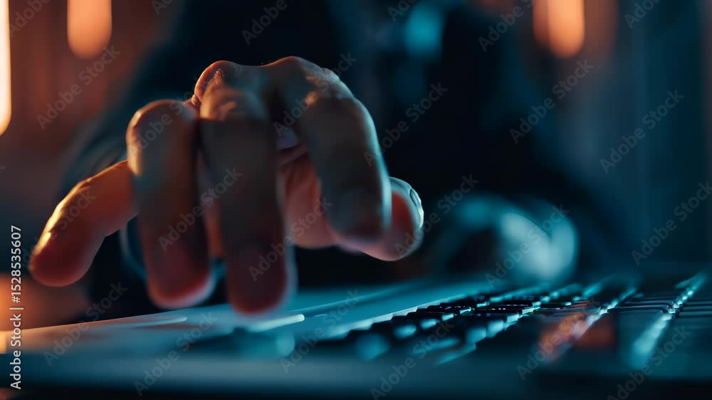 Poster close-up of a hand on a keyboard with soft backlight in office