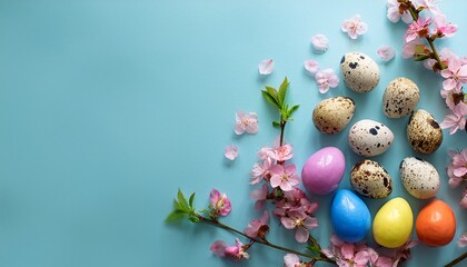Fototapeta premium colorful small quail eggs with flowering branches on a light blue background creating a charming spring design element for easter card background
