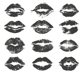 Set of  lipstick kiss isolated on a white background. Black lipstick mark kisses collection