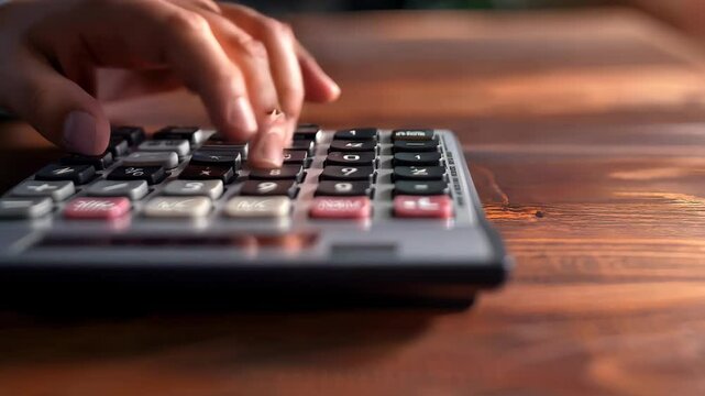 Hand Using Calculator for Financial Calculation on Wooden Desk