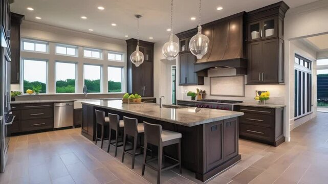 A modern kitchen with a large island and granite countertop created with generative ai