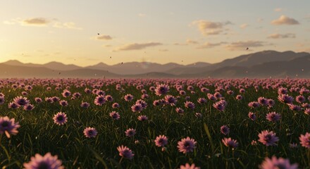 Obraz premium Serene Sunset Landscape: A Vast Field of Purple Flowers at Golden Hour