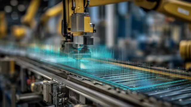 Precision industrial robotic arm performing automated quality inspection using augmented reality technology while scanning electronic circuit board moving along modern factory assembly line
