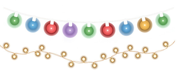 Set of festive colorful string lights in various styles on transparent background, ideal for holiday decorations, Christmas design, party banners, or celebration graphics