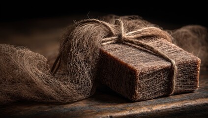Brown Soap Bar Wrapped in Natural Fiber On Wooden Table