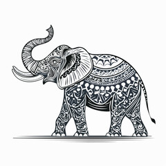 Fototapeta premium Intricate black and white vector illustration of an ornate elephant with detailed patterns.