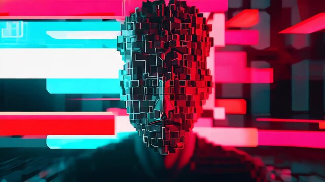 Abstract Human Face in Digital Cubes with Colorful Neon Lights
