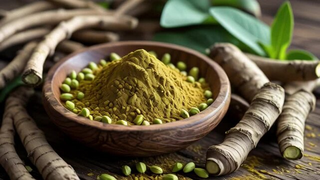 Ashwagandha powder in rustic wooden bowl with raw ashwagandha roots near created with generative ai