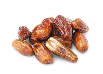 Heap of dried dates on white background