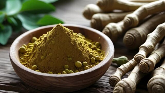Ashwagandha powder in rustic wooden bowl with raw ashwagandha roots near created with generative ai