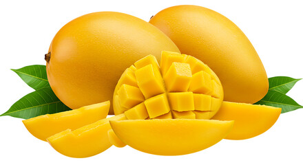 Ripe yellow mangoes with slices and cubes isolated on white background