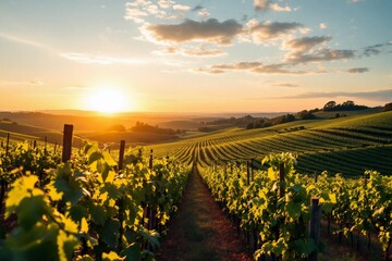 Fototapeta premium Golden Hour Vineyard: Sunset Over Rolling Hills
